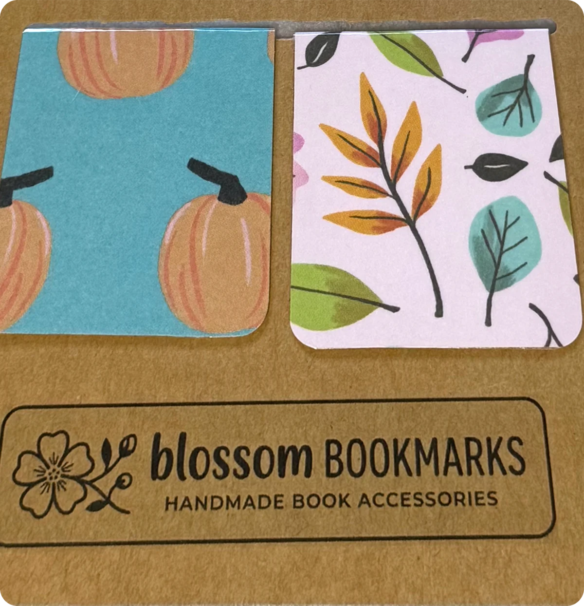 Teal Pumpkins & Falling Leaves handmade set on its display card