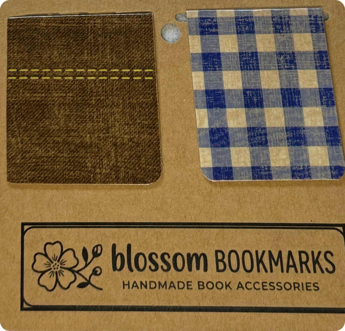 Saddle Leather & Blue Gingham handmade set on its display card