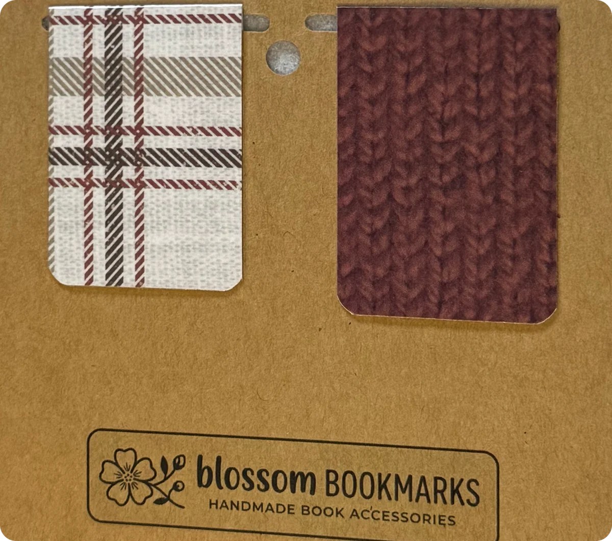 Cocoa Flannel & Burgundy Knit handmade set on its display card