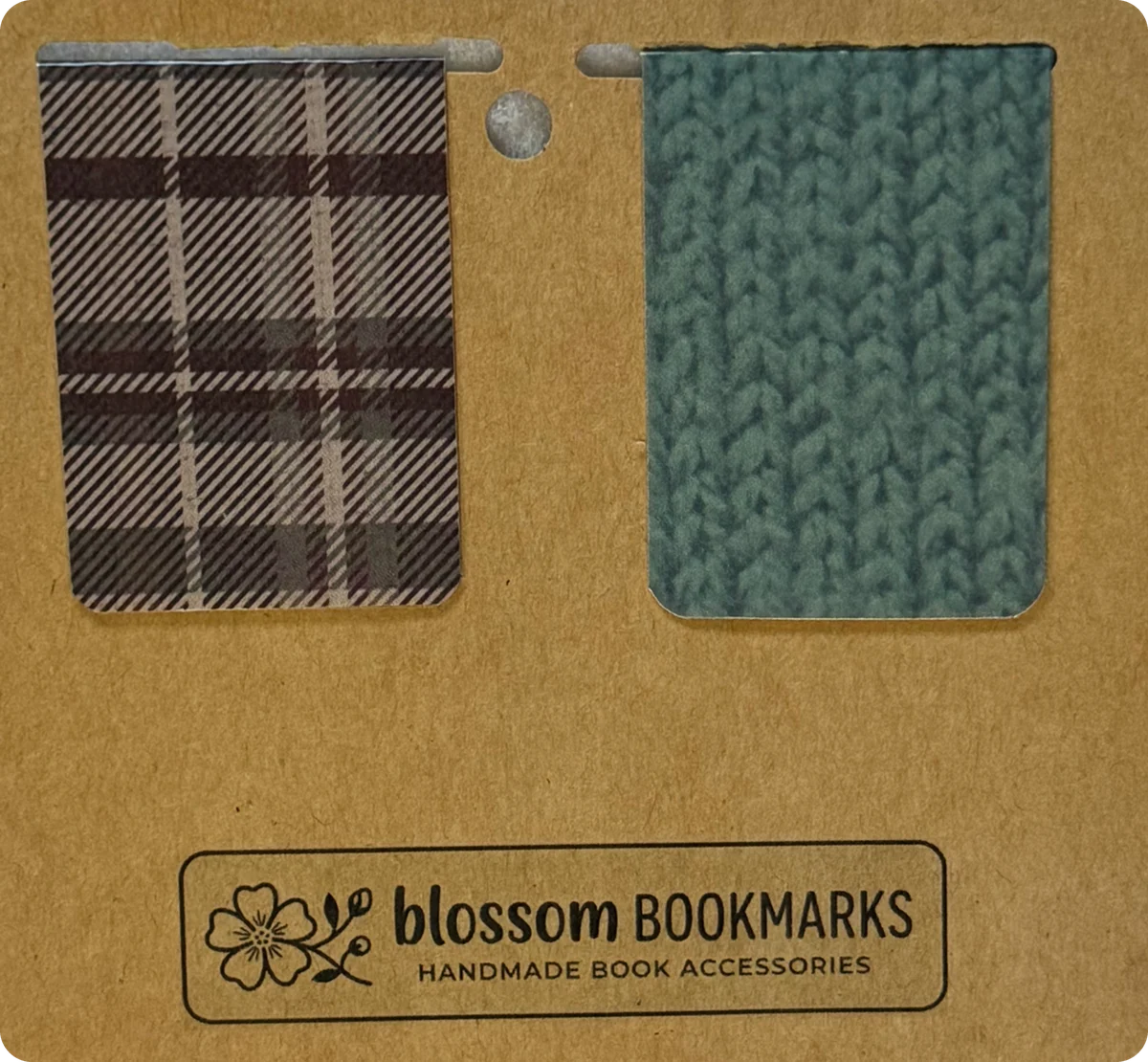 Mocha Plaid & Teal Knit handmade set on its display card