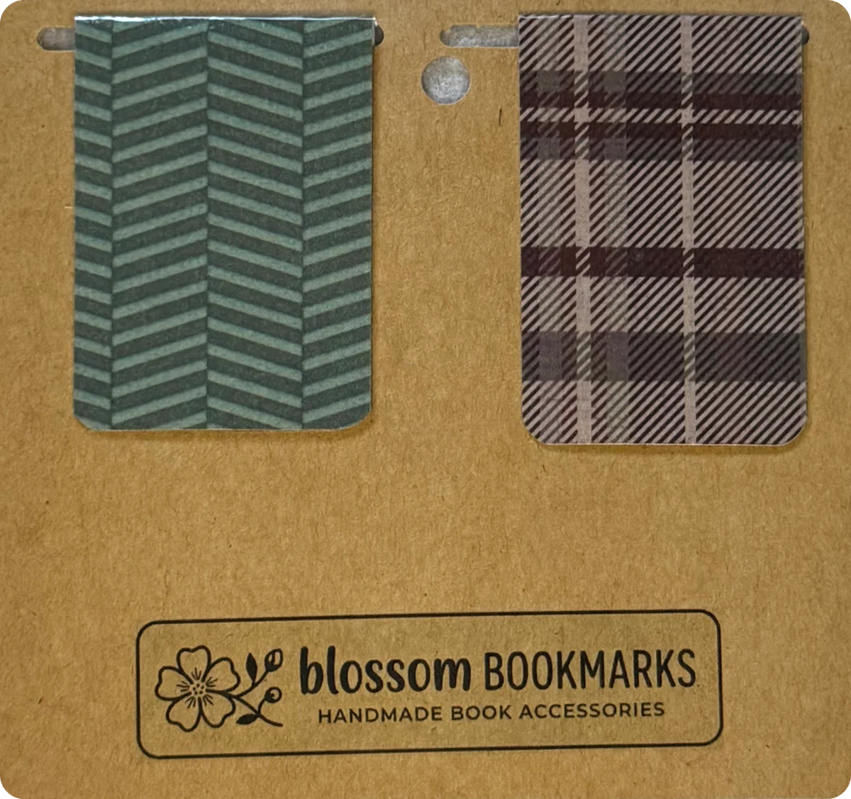 Teal Herringbone & Mocha Plaid handmade set on its display card