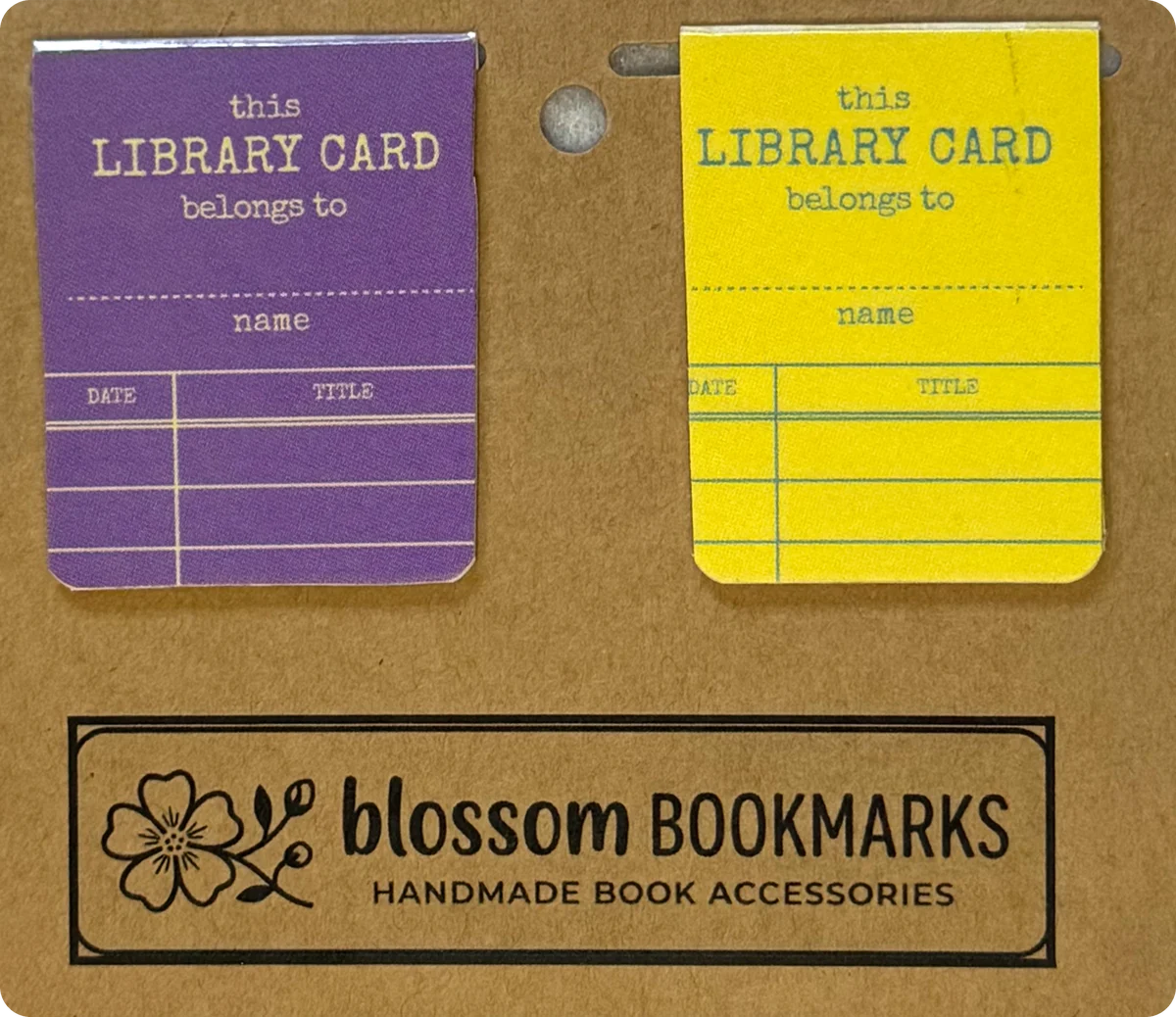 Purple Library Card & Yellow Library Card handmade set on its display card
