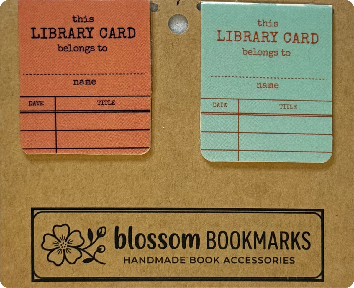 Orange Library Card & Aqua Library Card handmade set on its display card
